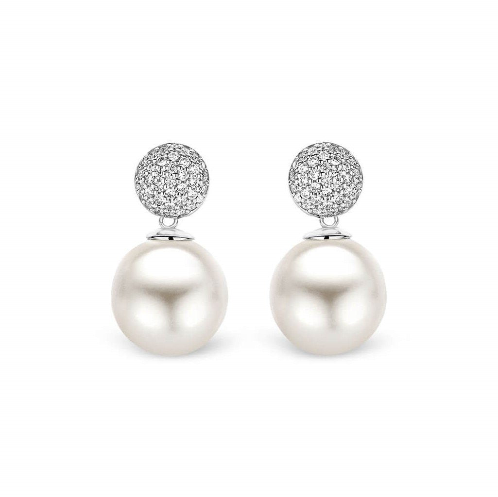 Hanging Pearl & CZ Spheres Silver Earrings