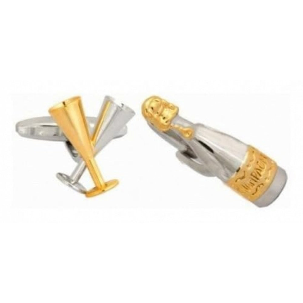 Rhodium Plated Champagne Bottle & Glasses Cufflinks