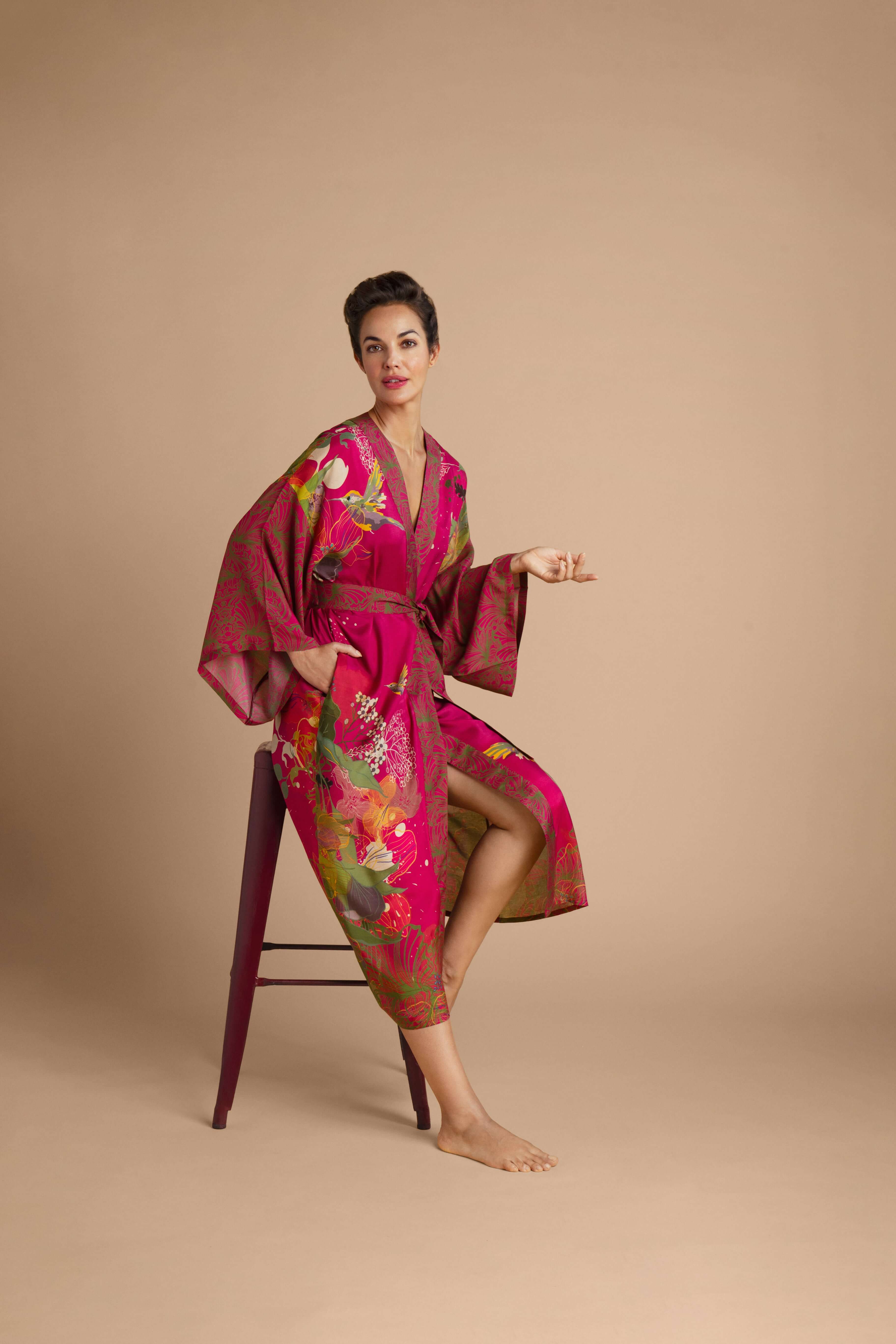Hummingbird Kimono Gown - Raspberry