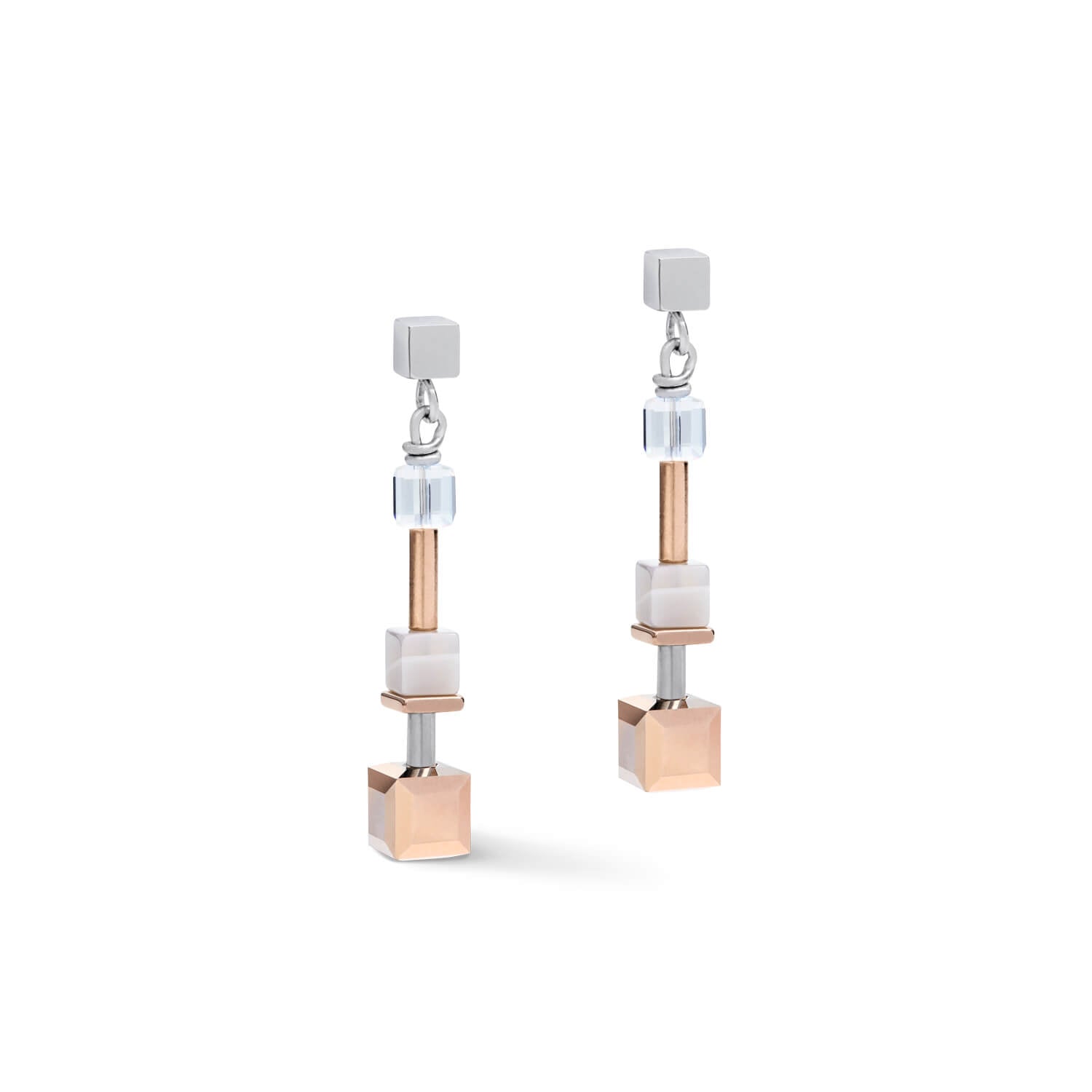 Rose Gold-Silver Big Geo Cubes With Botswana Agate Steel Earrings With Stickpin