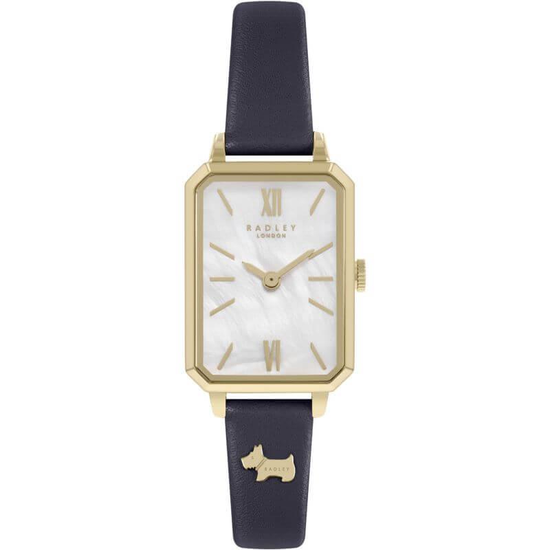 Ladies Rectangle Pale Gold Plated Ink Strap Watch