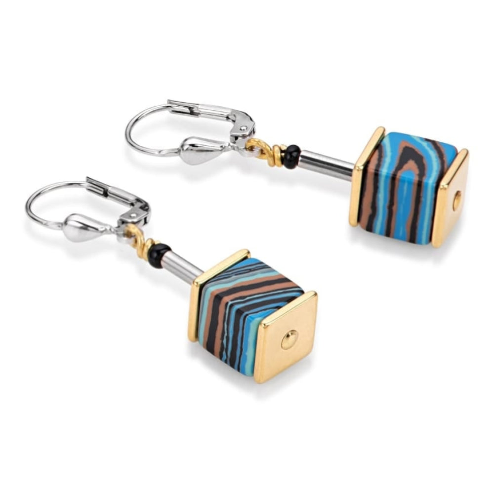 Blue Stripe/Blue/Gold Geo Cube Earring