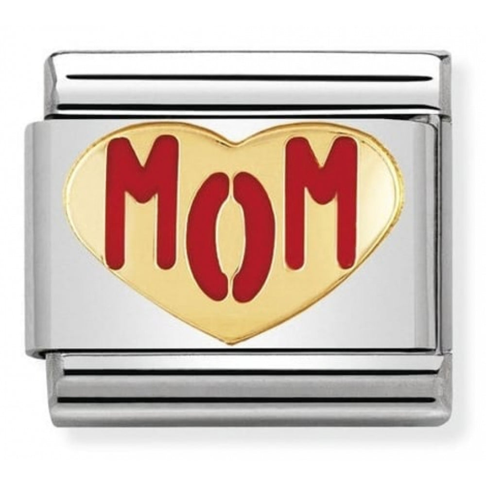 Classic MOM On Heart In Stainless Steel With Enamel & 18k Gold Charm
