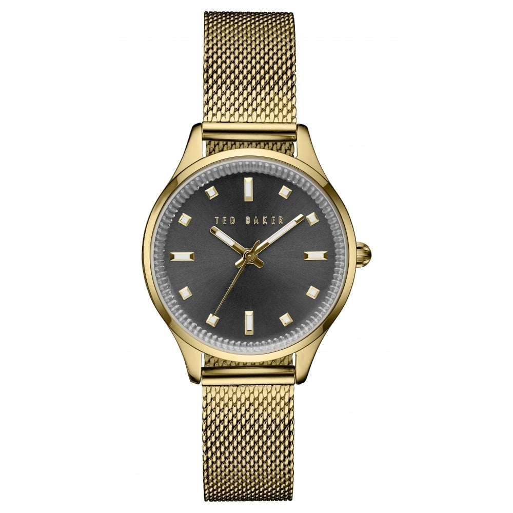 Womens Gold Mesh Bracelet Watch with Black Face