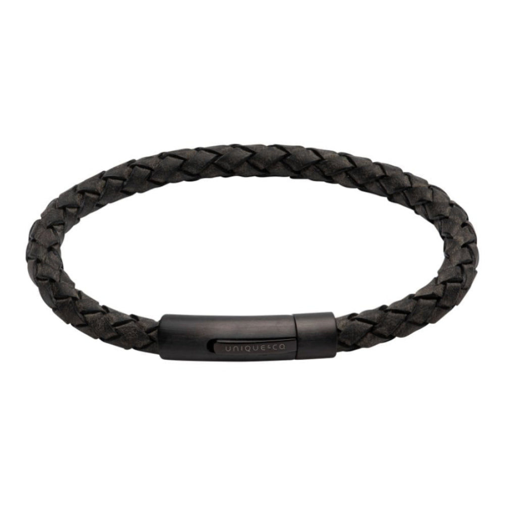 Antique Black Leather Bracelet with Matte Black IP Plated Steel Clasp