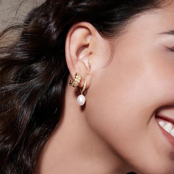 Gold Double Row White CZ Bezel Set Stud Huggies