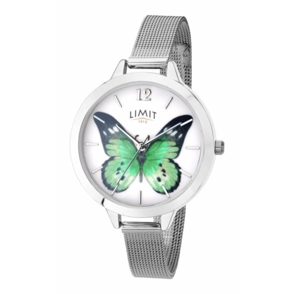 Stainless Steel Butterfly Print Dial & Mesh Strap Ladies Watch