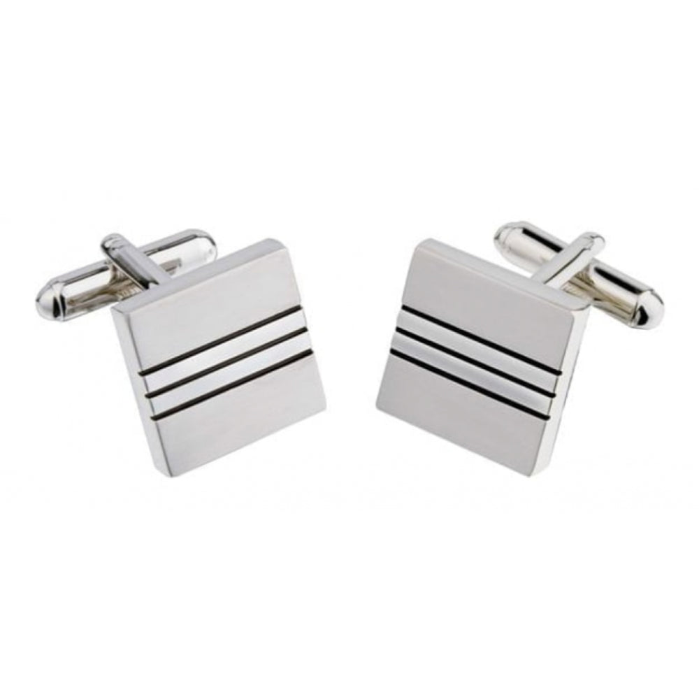 Square Silver Tone Cufflink With Horizontal Lines