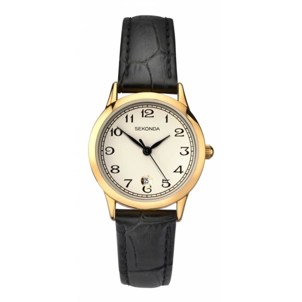 Gold Plated Cream Dial & Brown Leather Strap Ladies Watch
