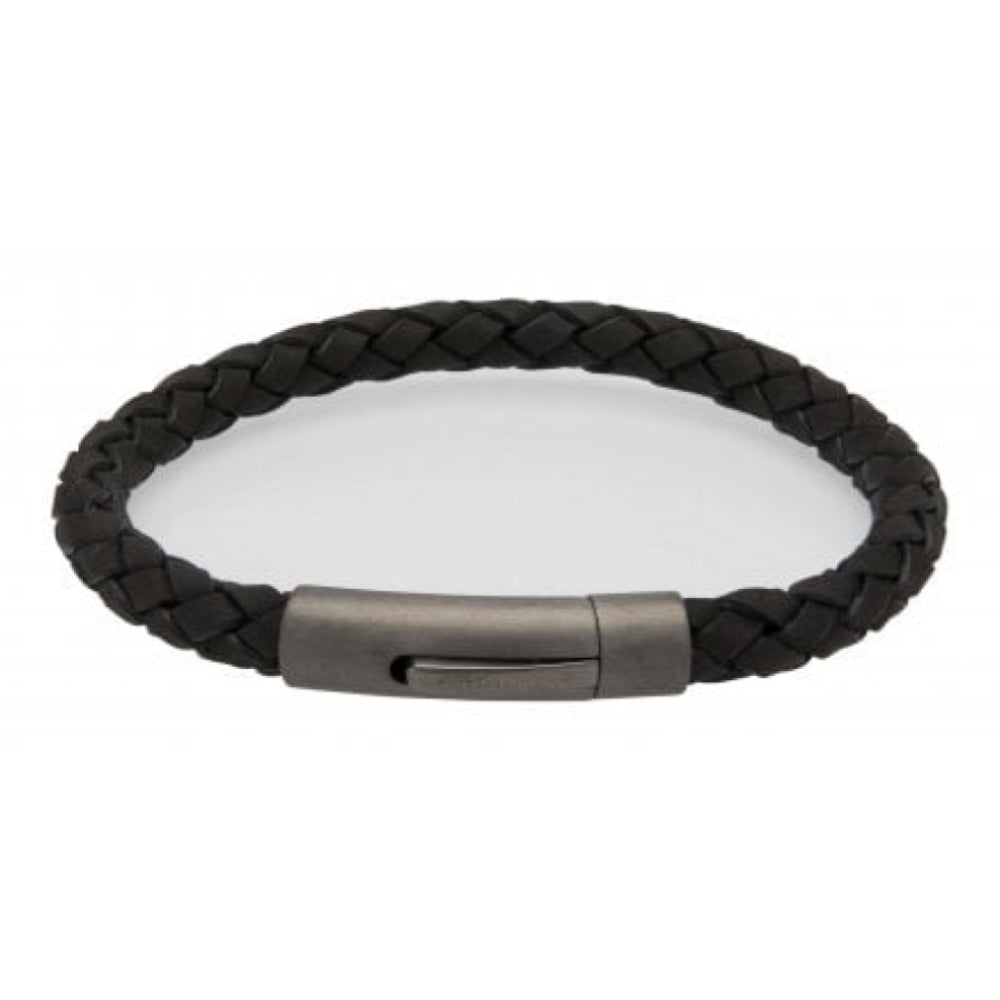 Black Leather Bracelet With Matte/Gunmetal Ip Steel Clasp