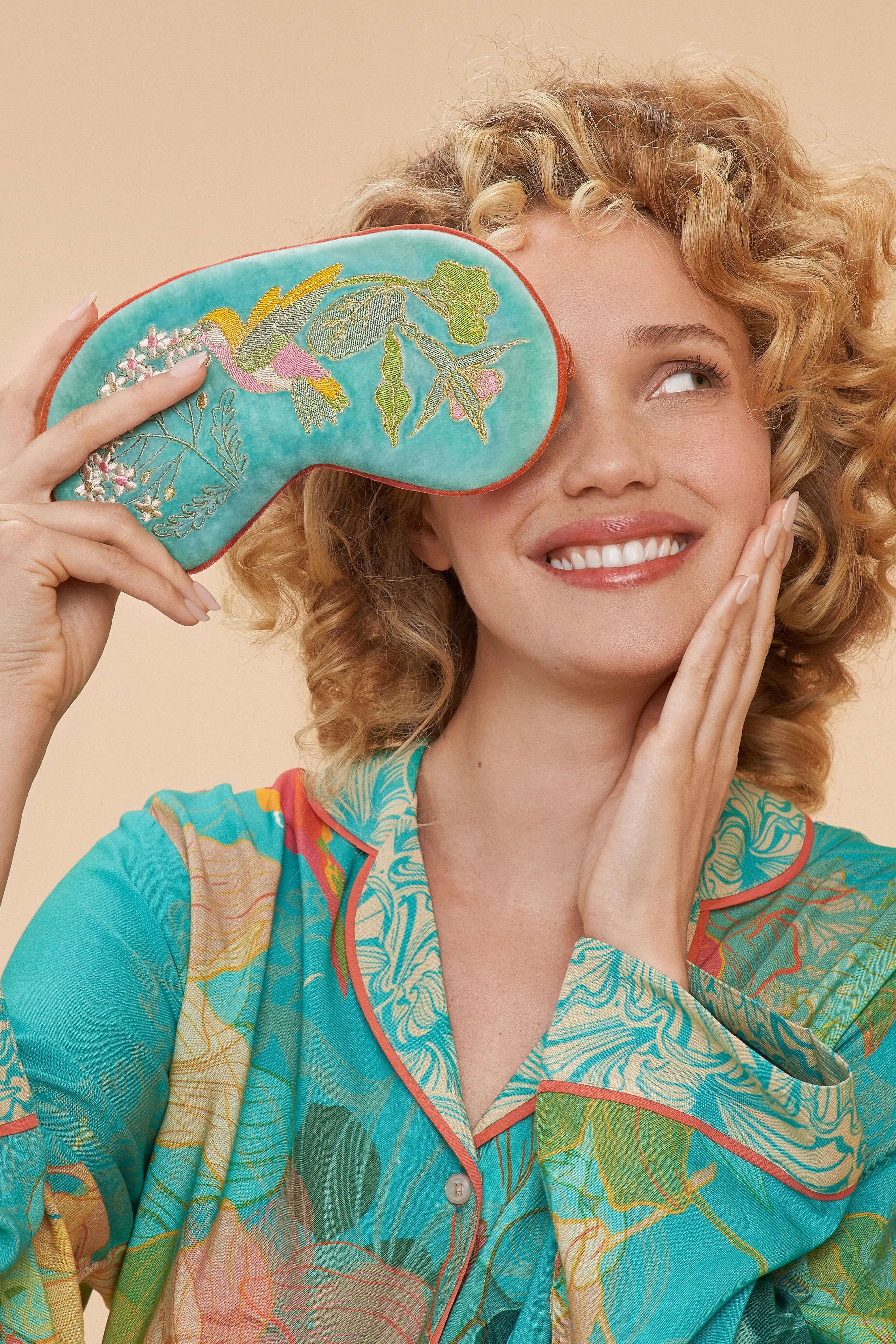 Luxury Velvet Eye Mask - Hummingbird  - Aqua