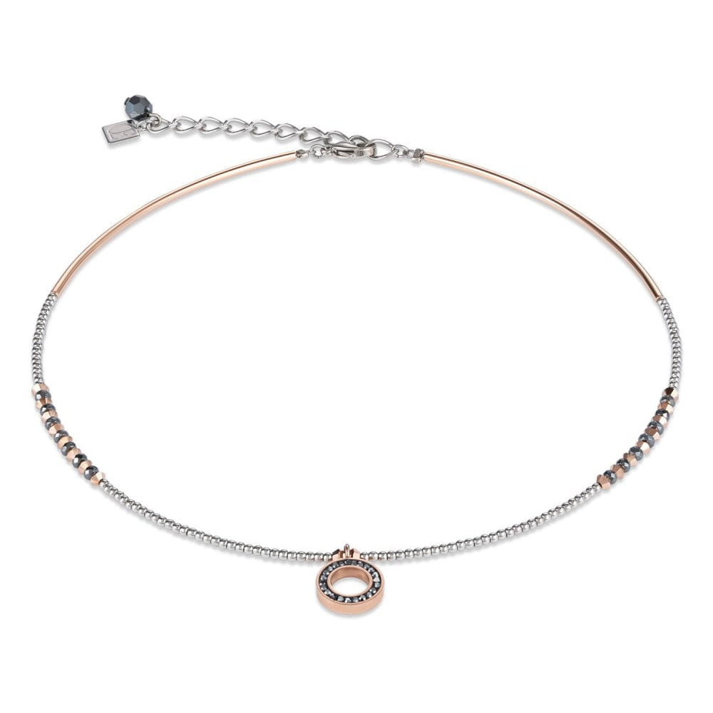 Anthracite Ring Crystals Pave Rose Gold Pendant, Stainless Steel Necklace