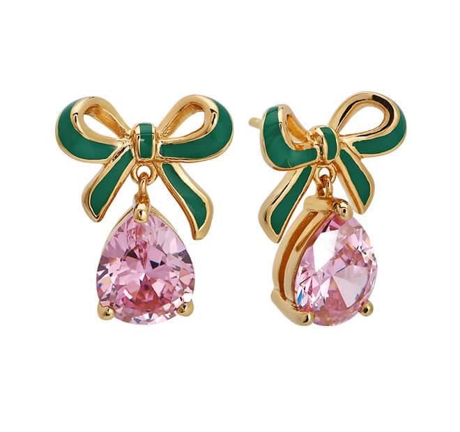 Amelia Bow Studs In Emerald Green Enamel, Pink CZ Teardrop & Gold