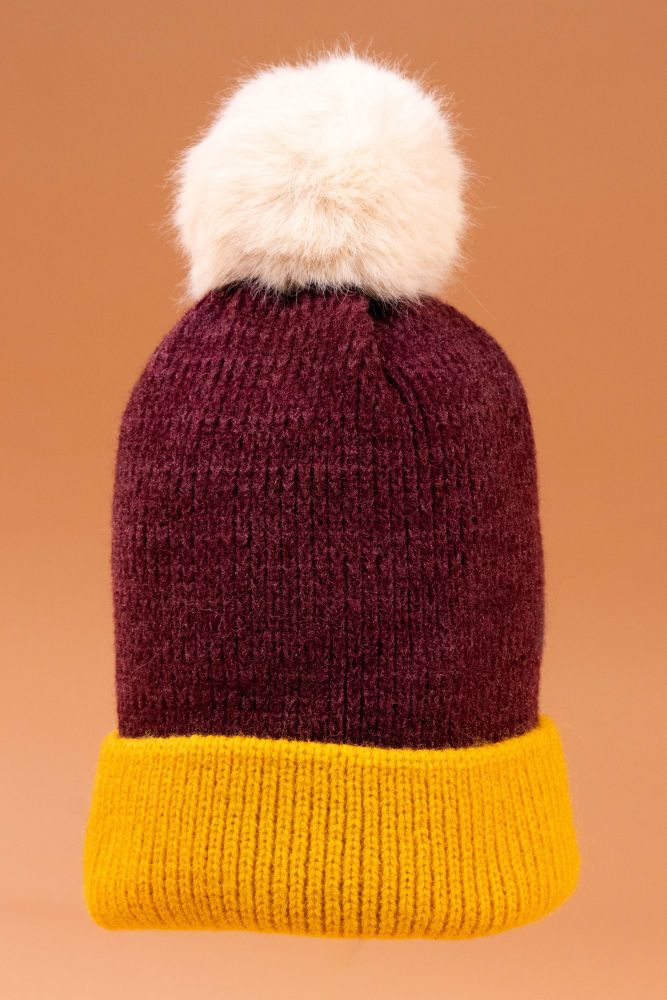 Bonnie Bobble Hat- Damson/Mustard