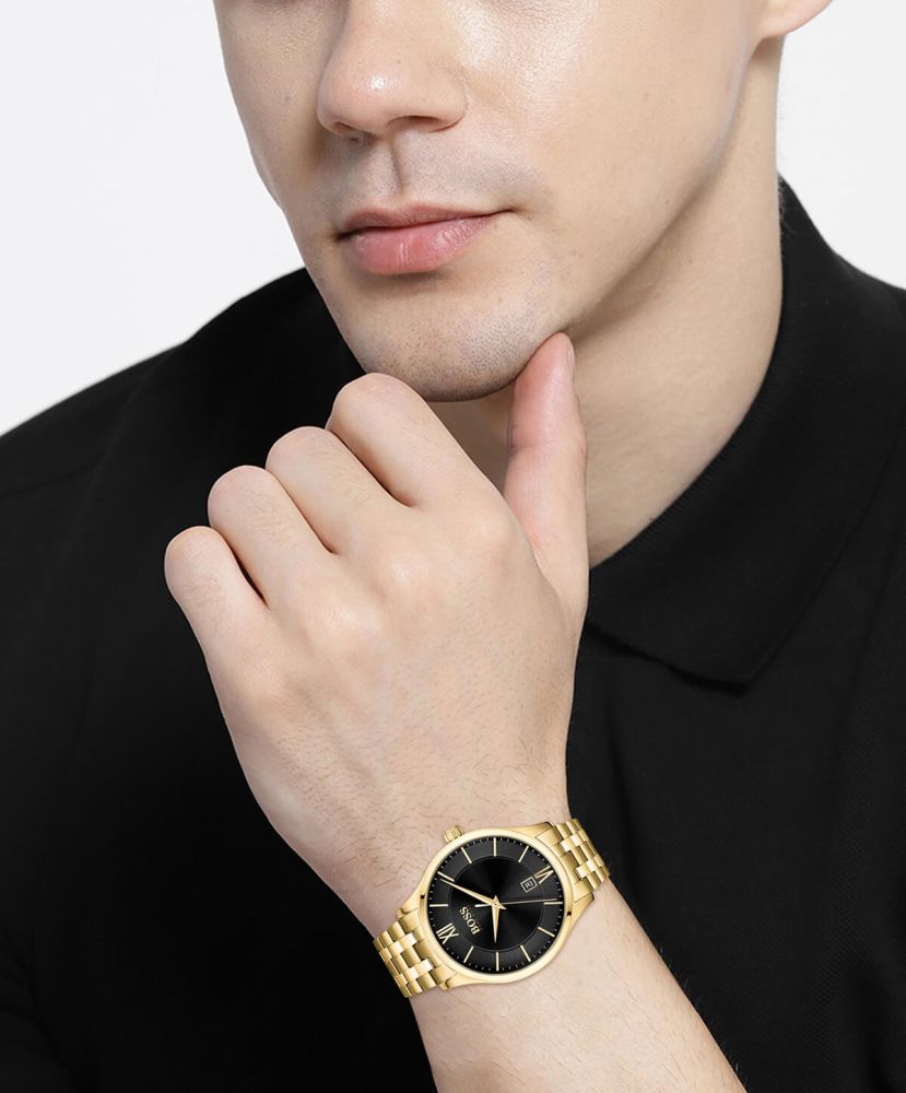 Elite Gold Plated Black Dial & Bracelet Strap Gents Watch