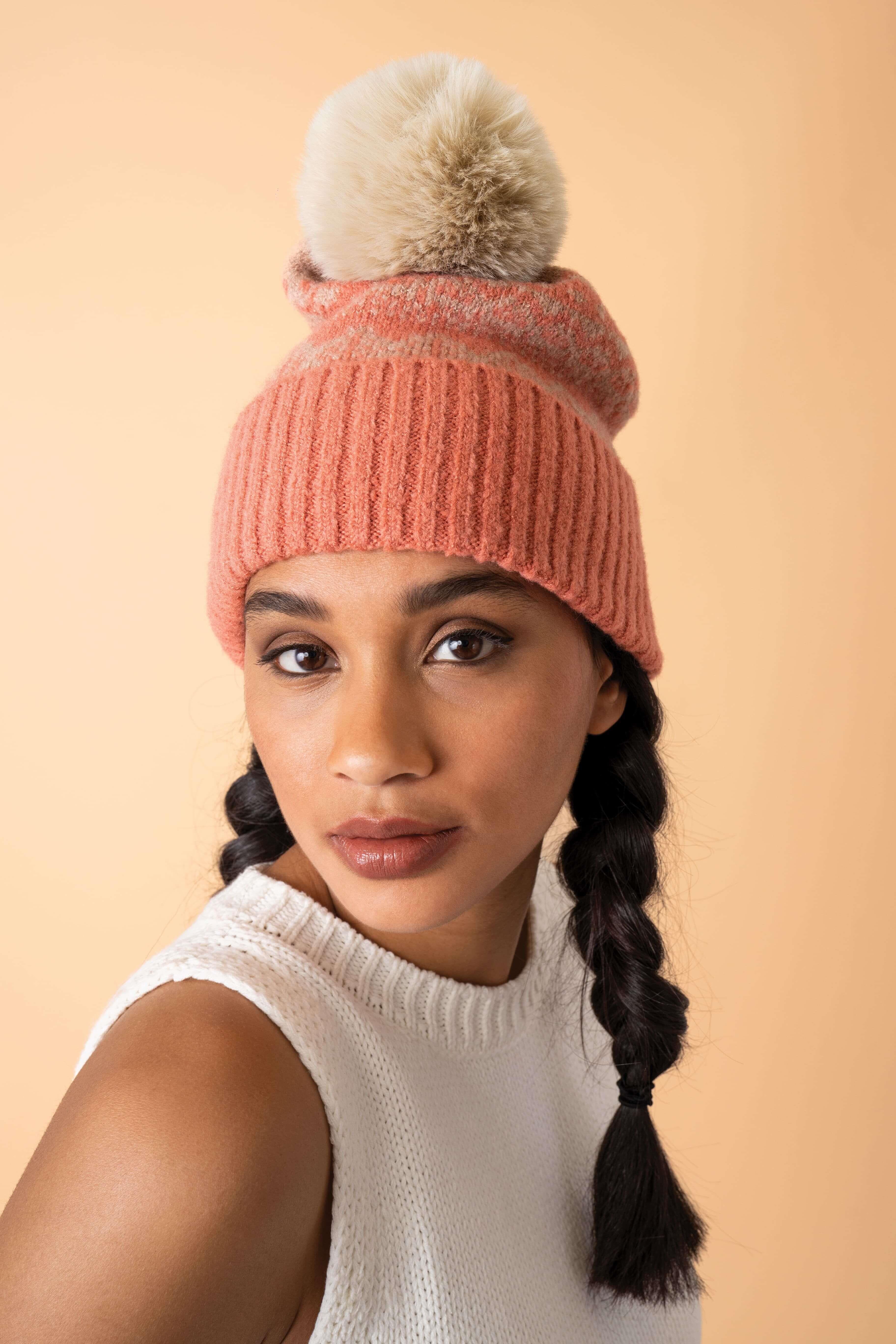 Thora Bobble Hat - Coral/Taupe