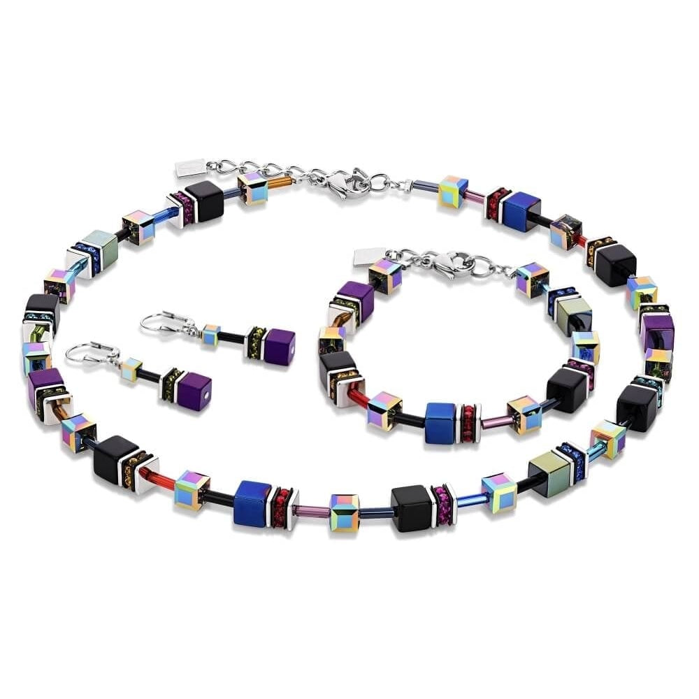 Black and Multi Colour Swarovski Geo Cube Bracelet, Earrings and Necklace Set