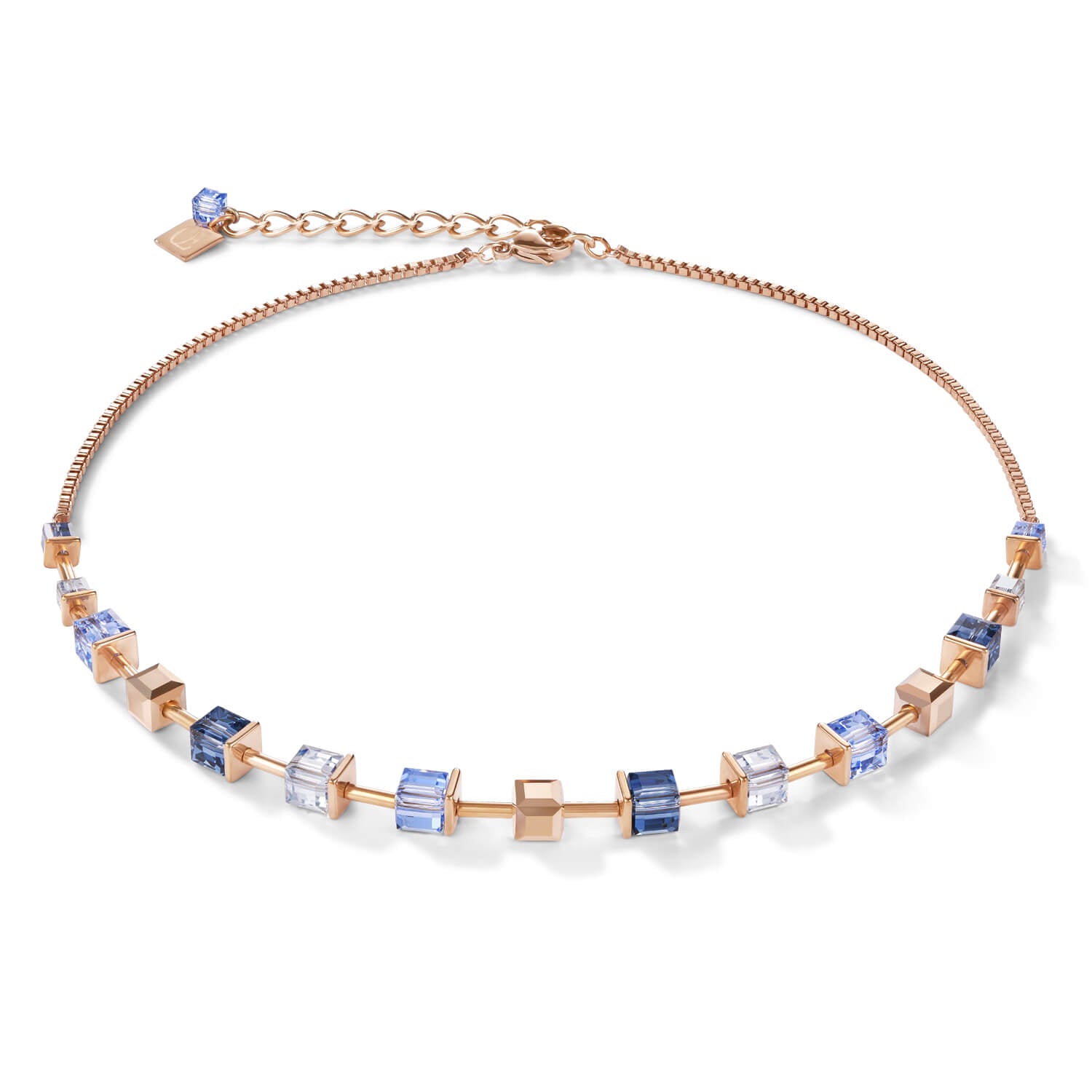 Swarovski Crystals & Blue Geo Cube Rose Gold Plated Necklace