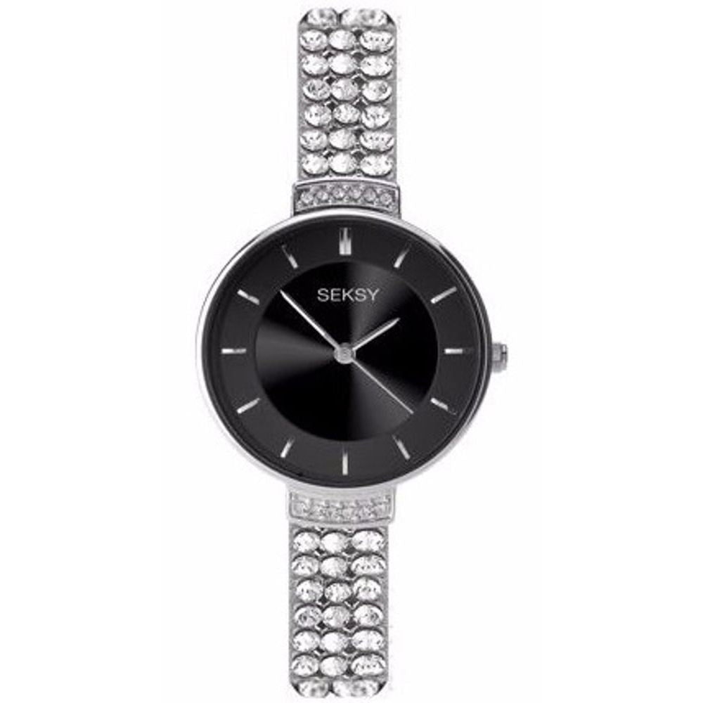Stainless Steel Black Dial & Silver Stone Strap Ladies Wristwatch
