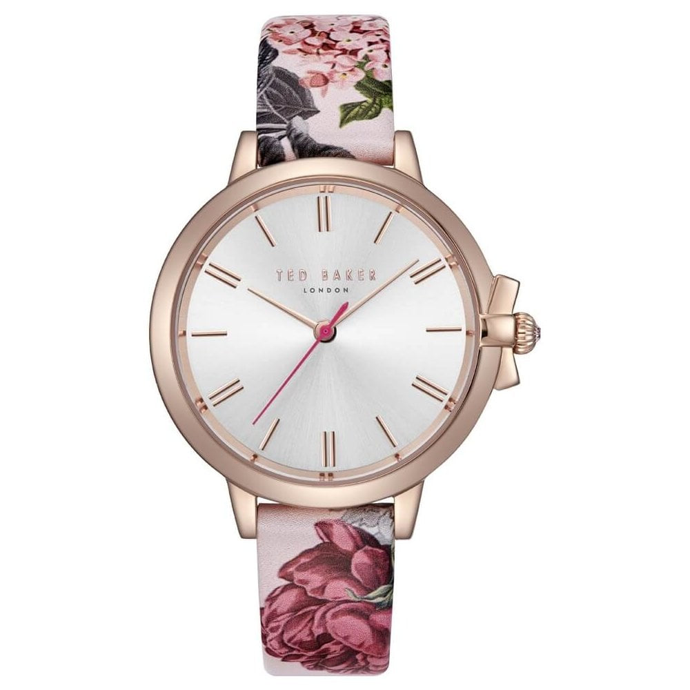 Ted Baker Ladies Rose Gold Floral Leather Strap Silver Dial Watch
