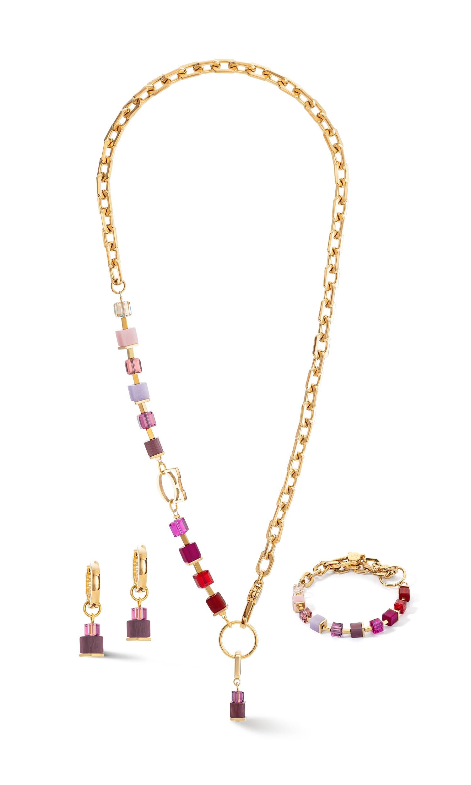 Hoops Cube Fusion Charm Gold-Red & Purple Earrings With Stickpin