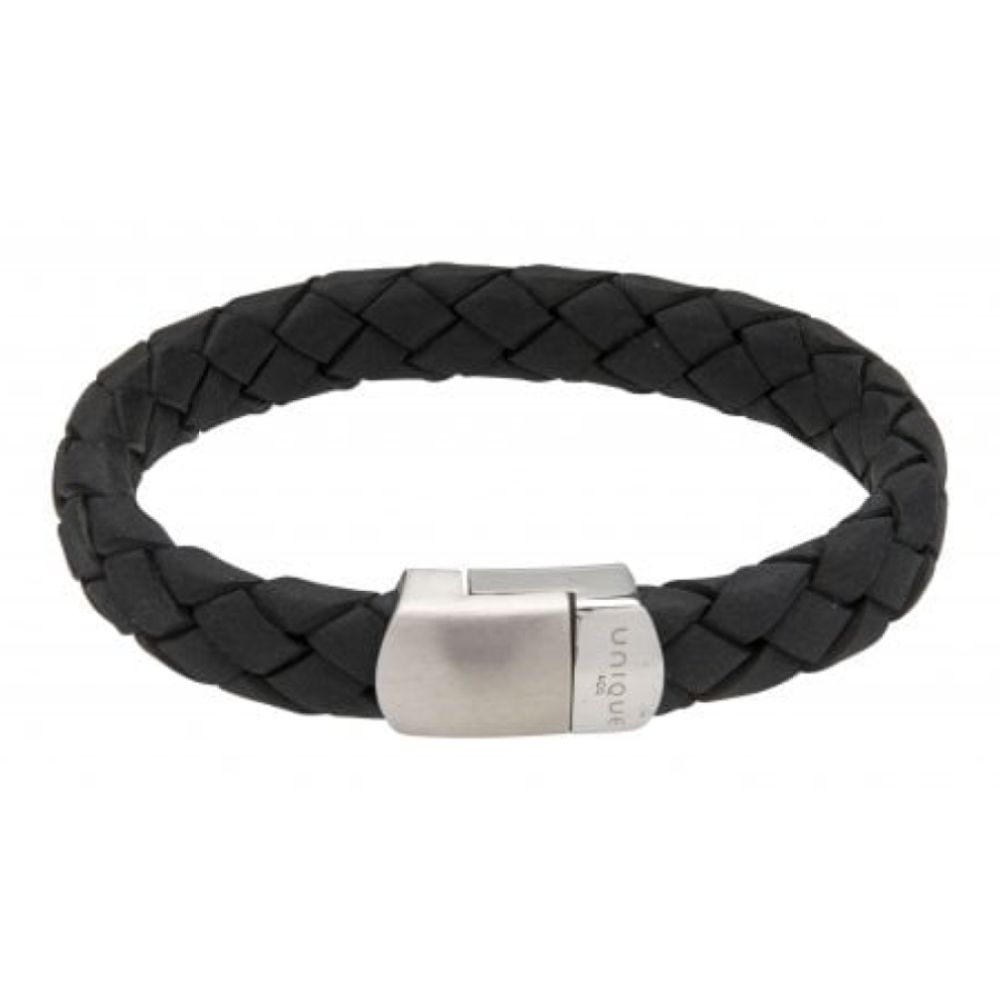Black Leather Bracelet With Matte And Polished Steel Clasp