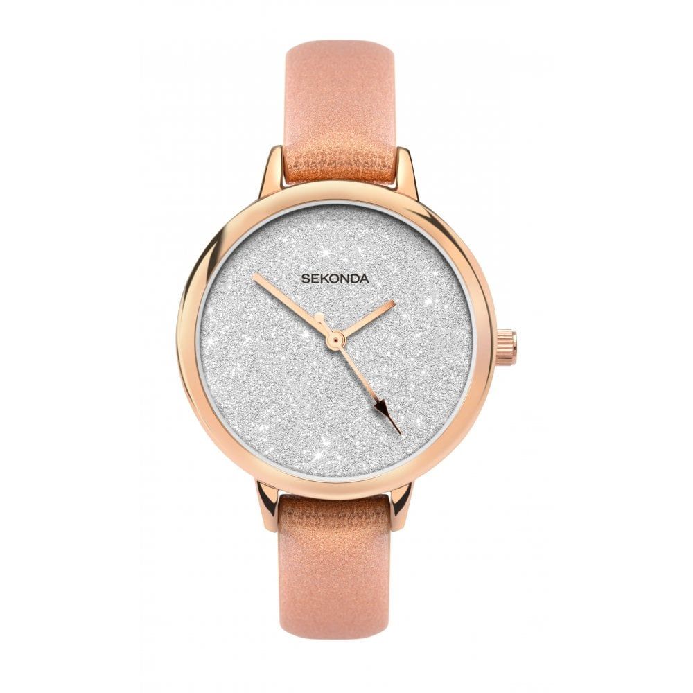 Rose Gold Plated Glitter Dial & Metallic Orange Strap Ladies Watch