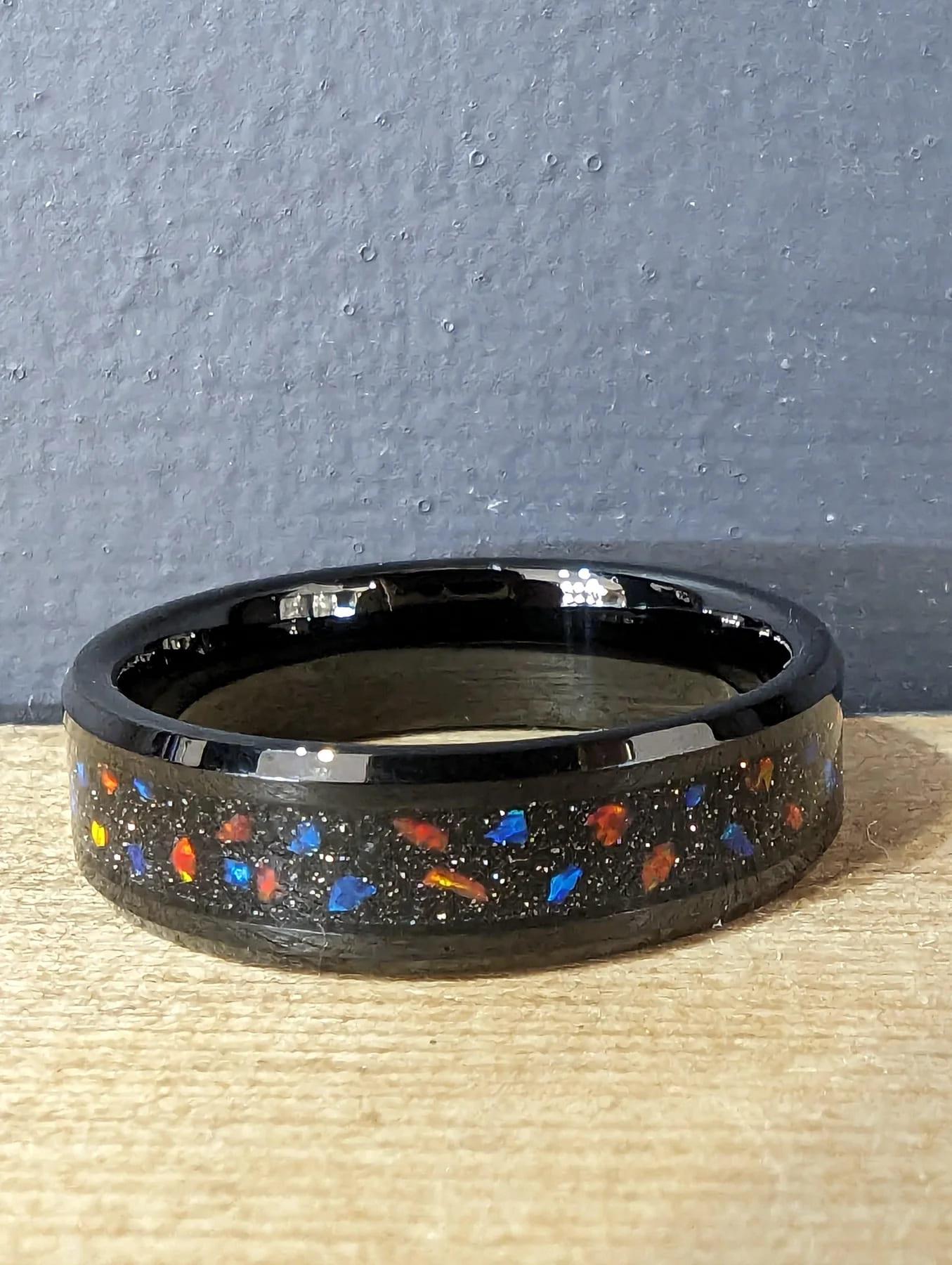 Black IP Tungsten Carbide Ring with Opal & Red Stone