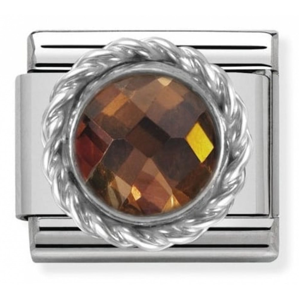 Classic Smokey CZ Round Faceted Stone In Stainless Steel & Twisted 925 Silver Detail Charm