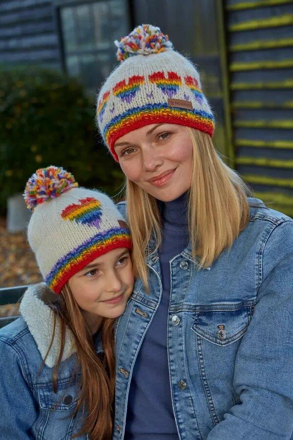 Kids Rainbow Heart Bobble Beanie Cream