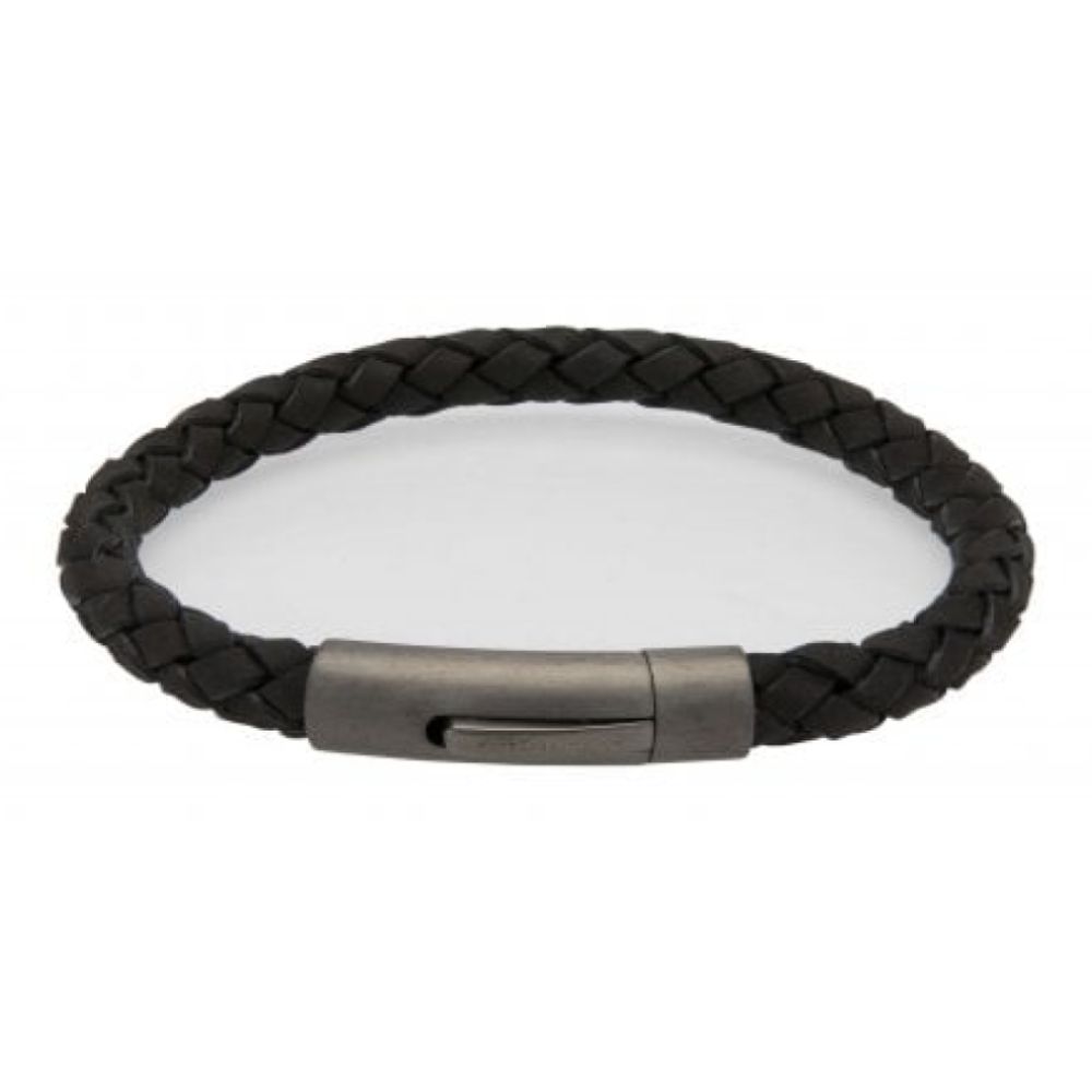 Black Leather Bracelet With Matte/Gunmetal Ip Steel Clasp