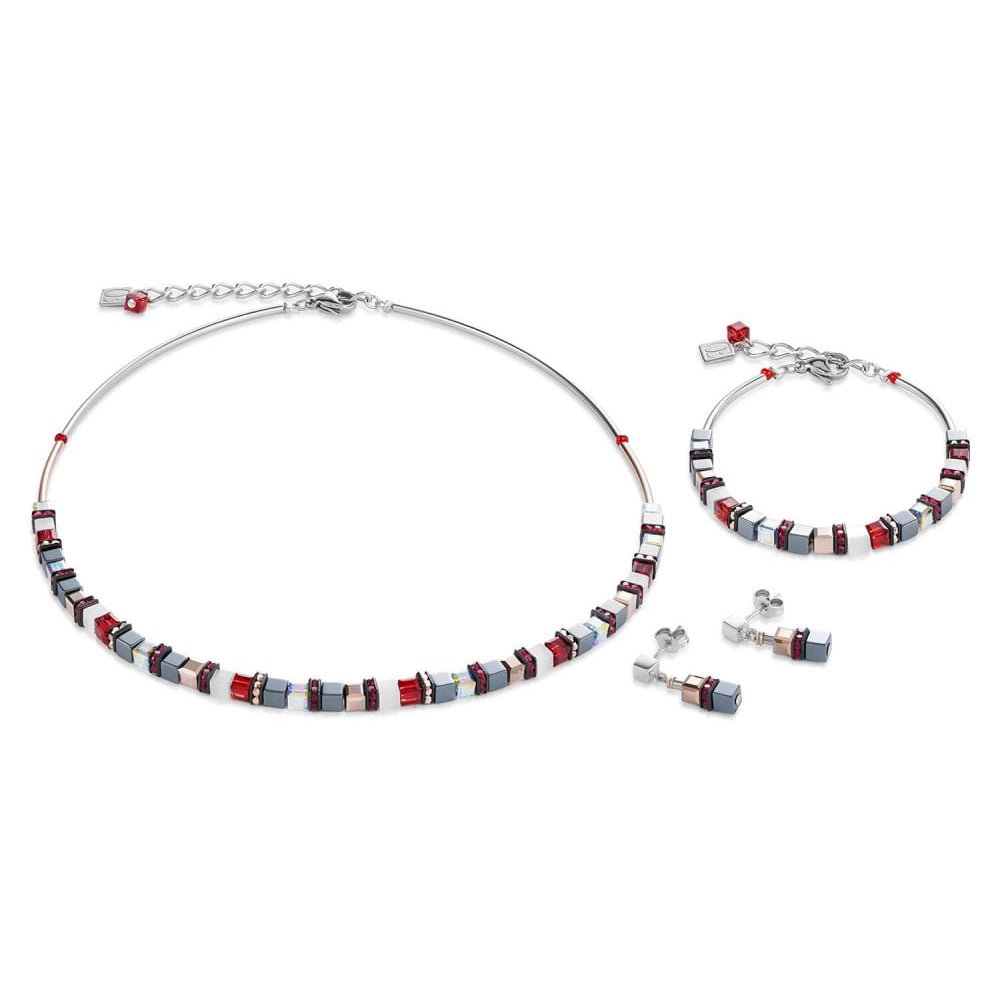 Red Geo Cube Bracelet With Small Haematite & Swarovski Crystals
