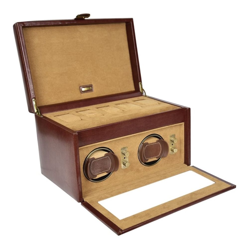 Brown Leather Double Watch Rotator And Storage Box