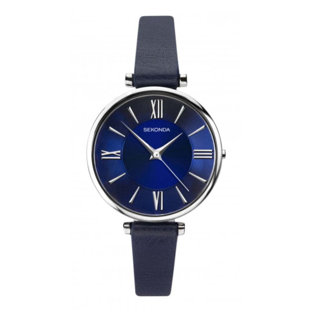 Stainless Steel Case With Blue Dial & Dark Blue Leather Strap Ladies Watch