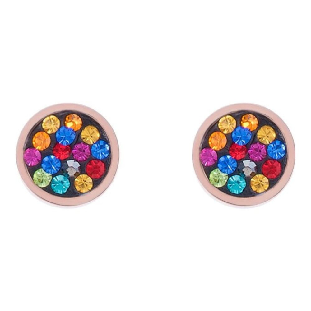 Round Rose Gold Tone Earrings with Stickpin & Multicolour Pave Crystals