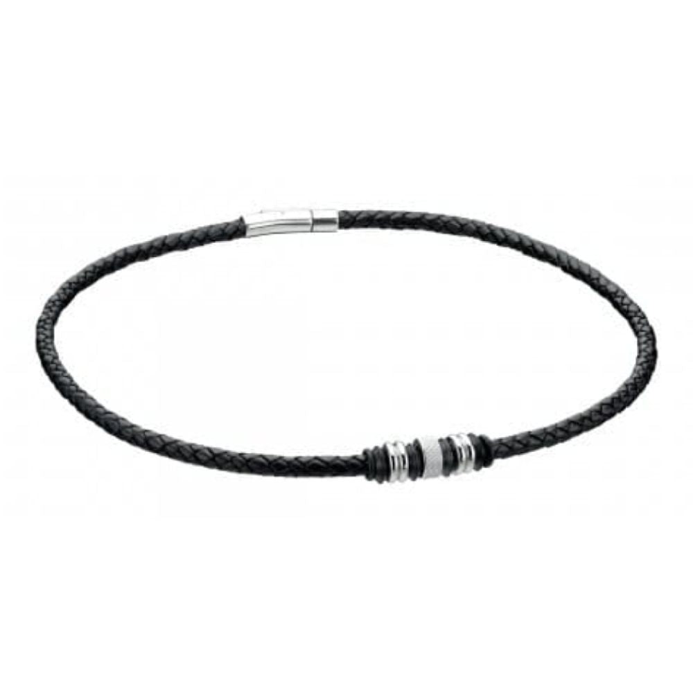 Gents Stainless Steel With Black Leather & Beads Necklace