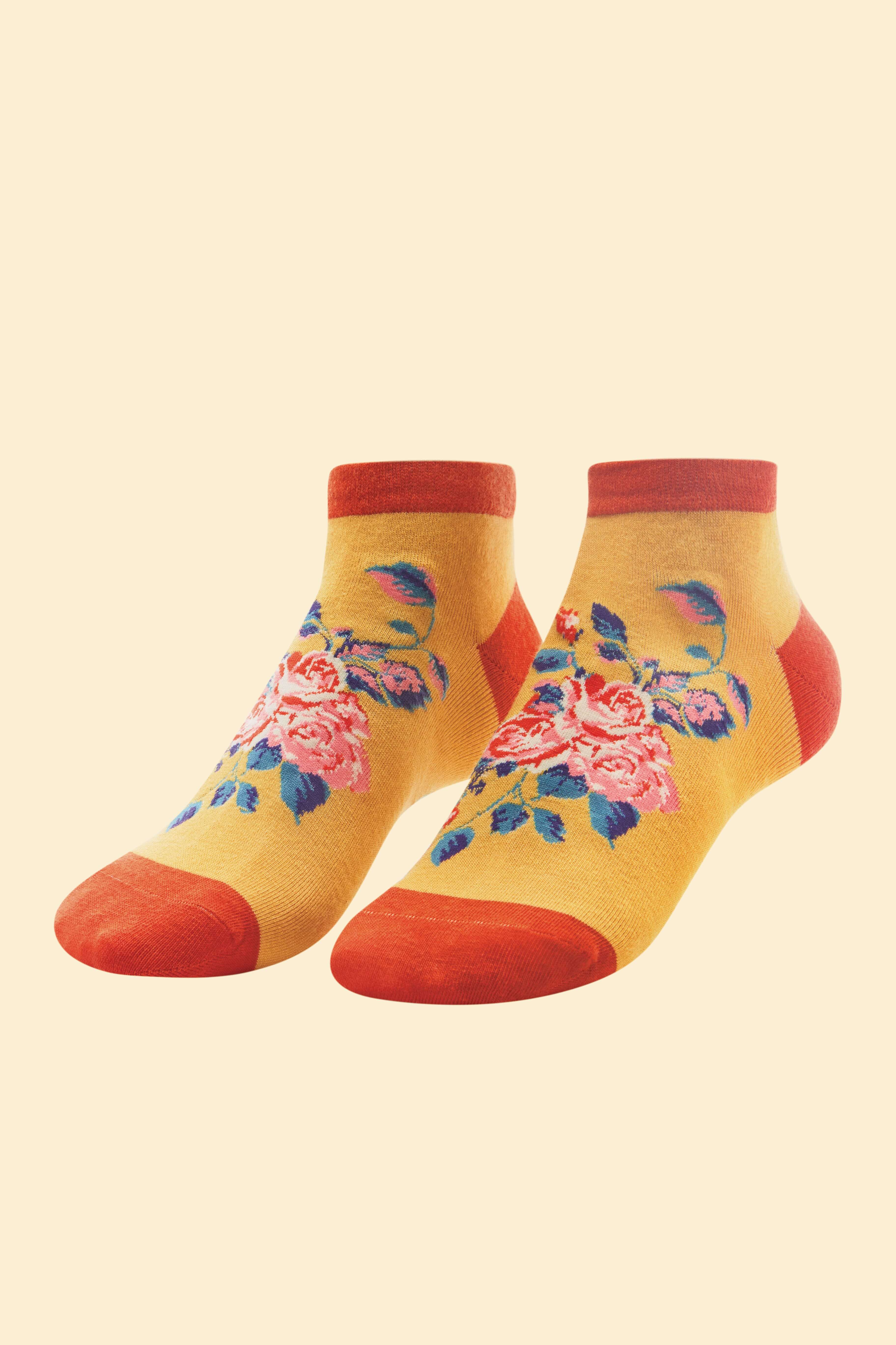Floral Vines Trainer Socks - Mustard