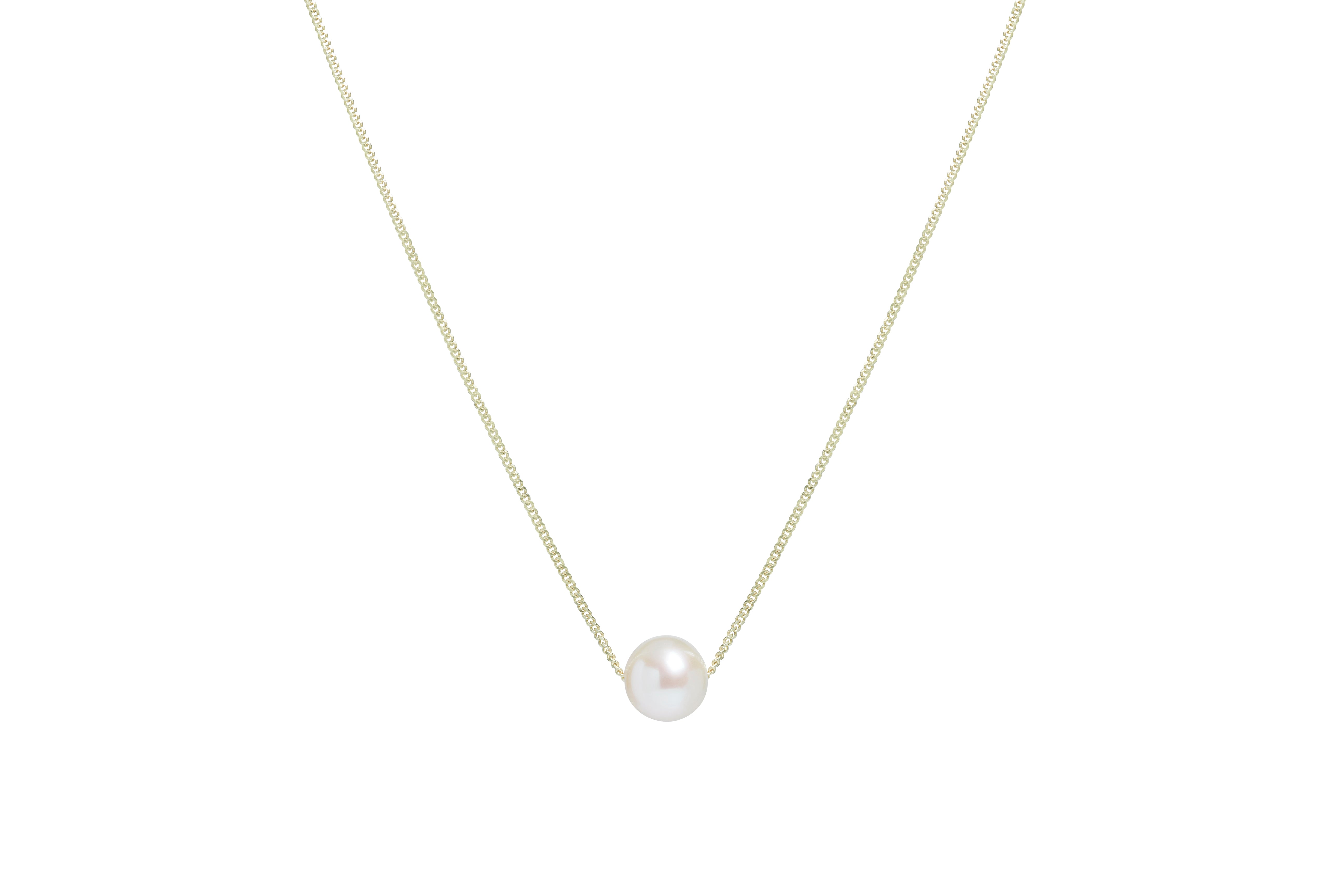 Sliding White Round Cultured River Pearl YG Curb Chain Necklace