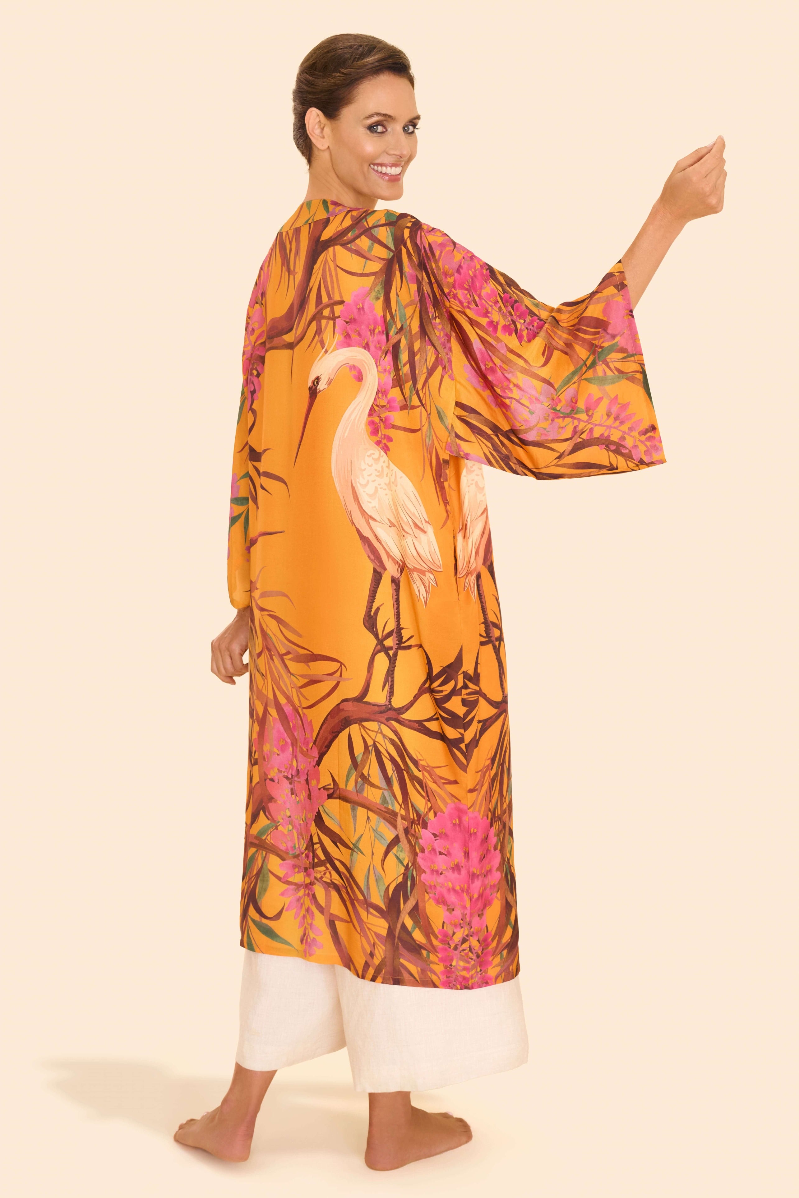 Oriental Crane Kimono Gown - Ochre