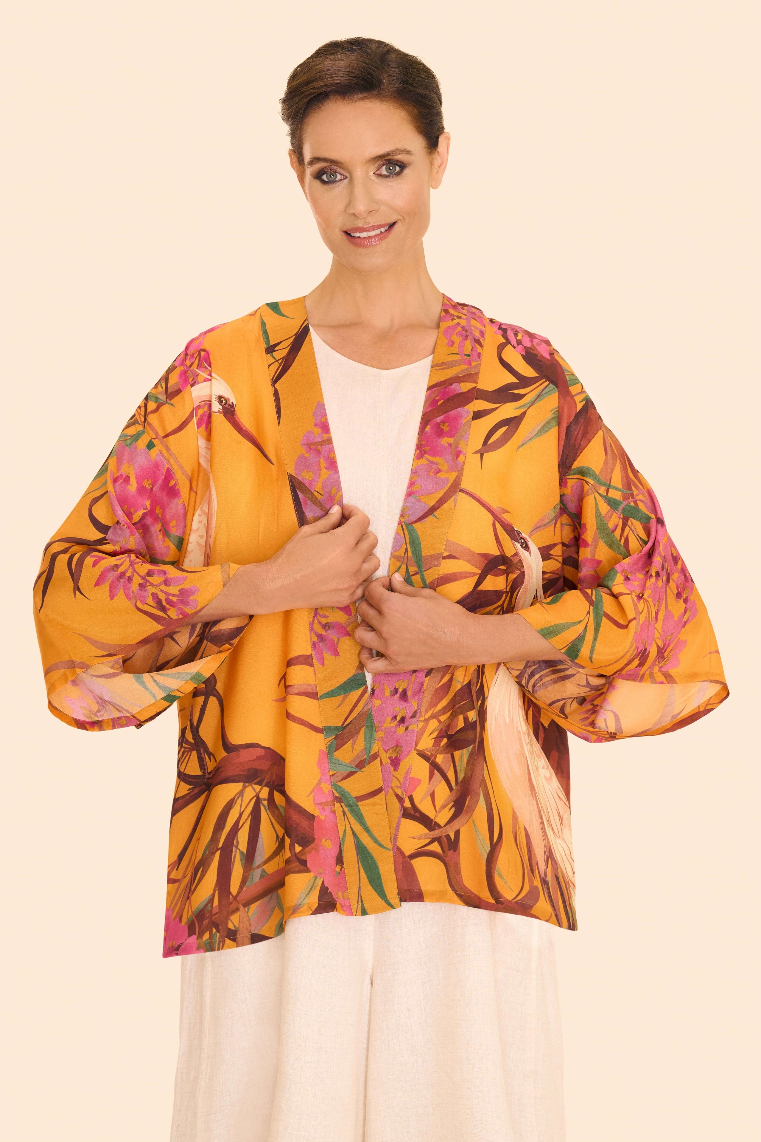 Oriental Crane Kimono Jacket - Ochre