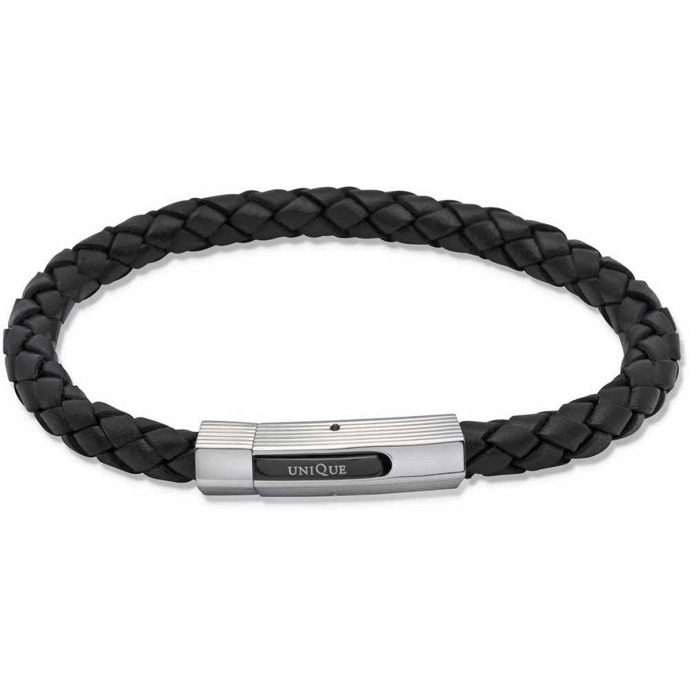 Black Leather Bracelet Steel Clasp Black