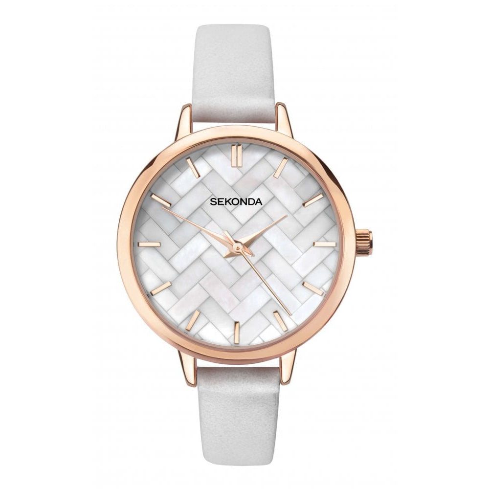 Rose Gold Plated Case With MOP Chequered Effect Dial & White PU Strap Ladies Watch