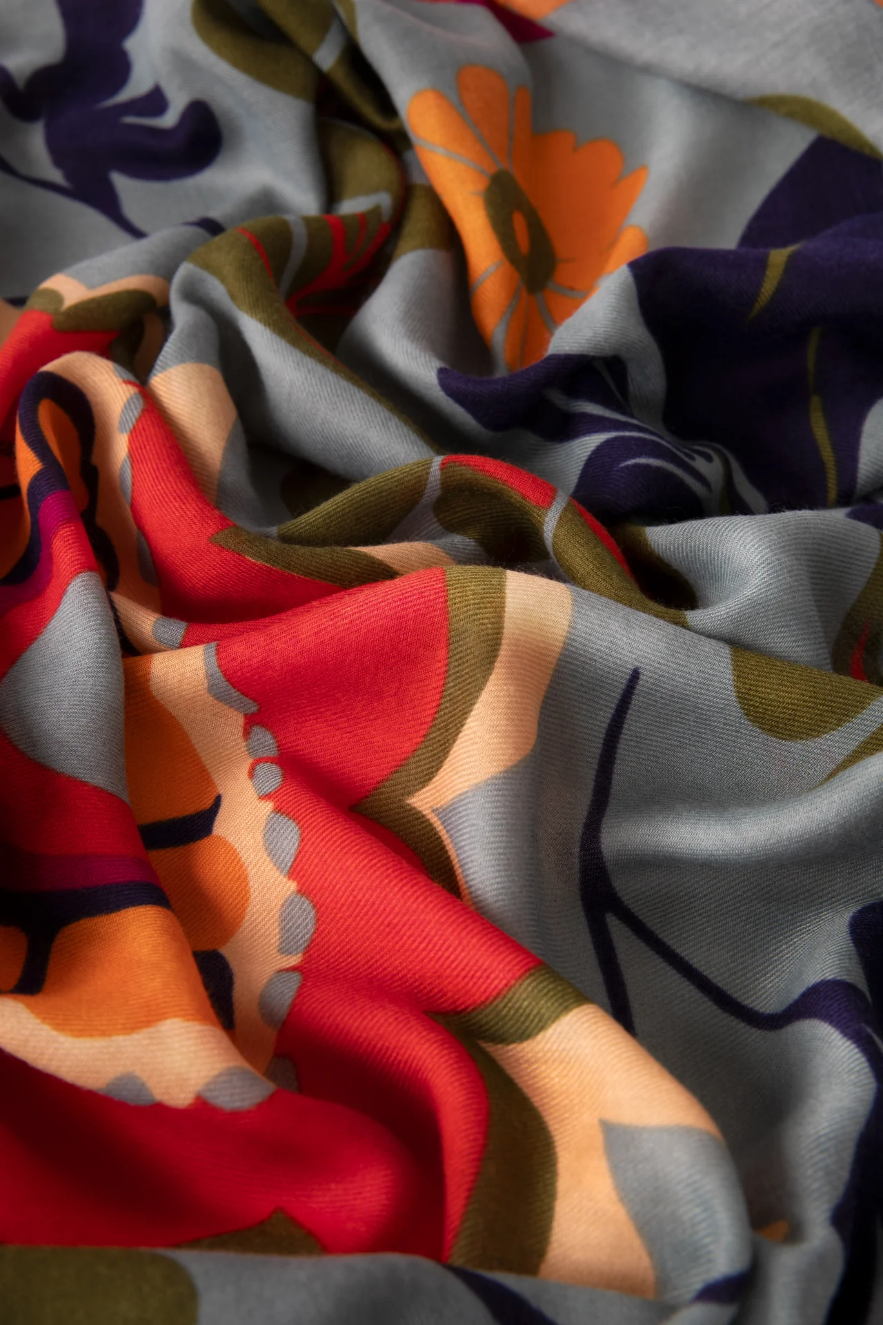 Print Scarf - Folk Floral, Winter Ice