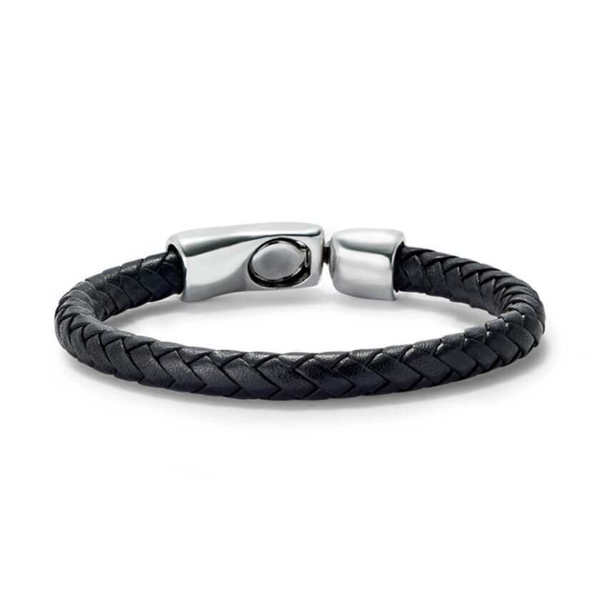 Black Circular & Braided Leather Bracelet With Silver Plated Clasp