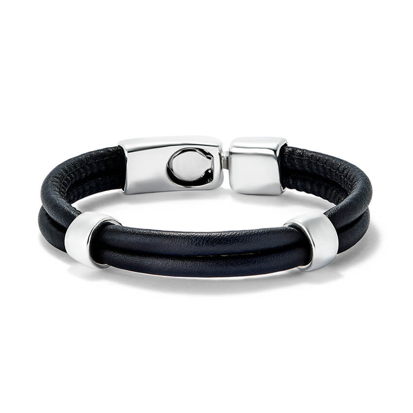 Double Leather Bracelet With Silver Plated 2 Circumferences & Closure