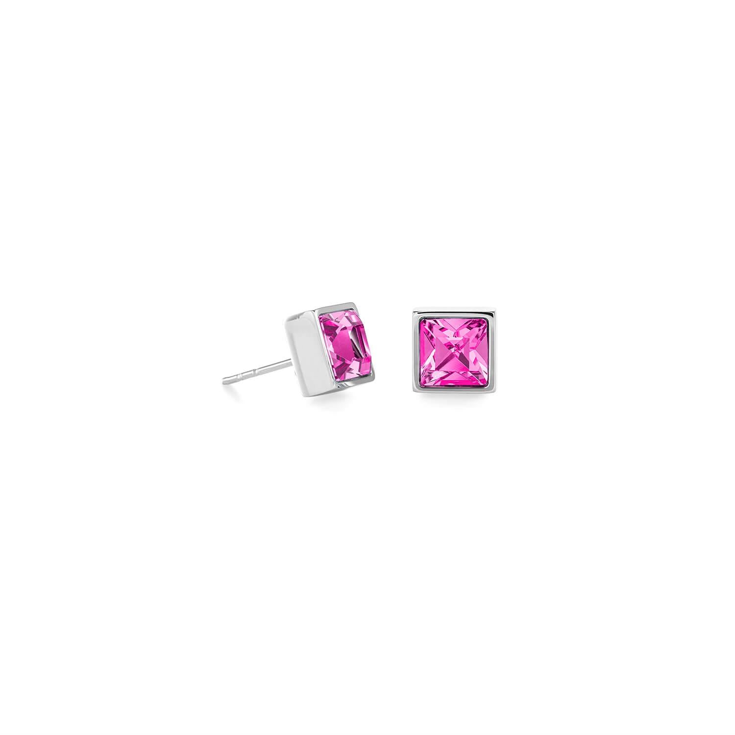 Brilliant Square Big Silver Pink Earrings