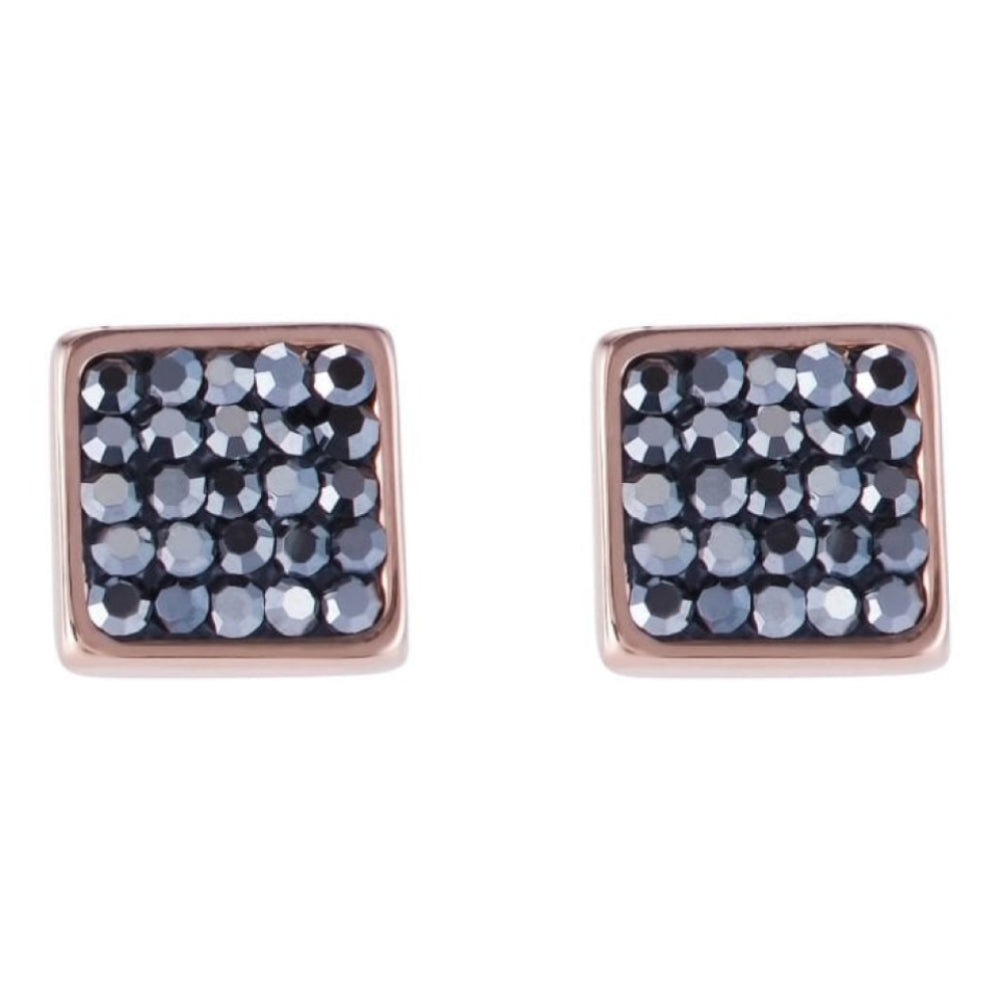 Rose Gold Plated Square Earrings with Stickpin & Smokey Grey Swarovski Crystals