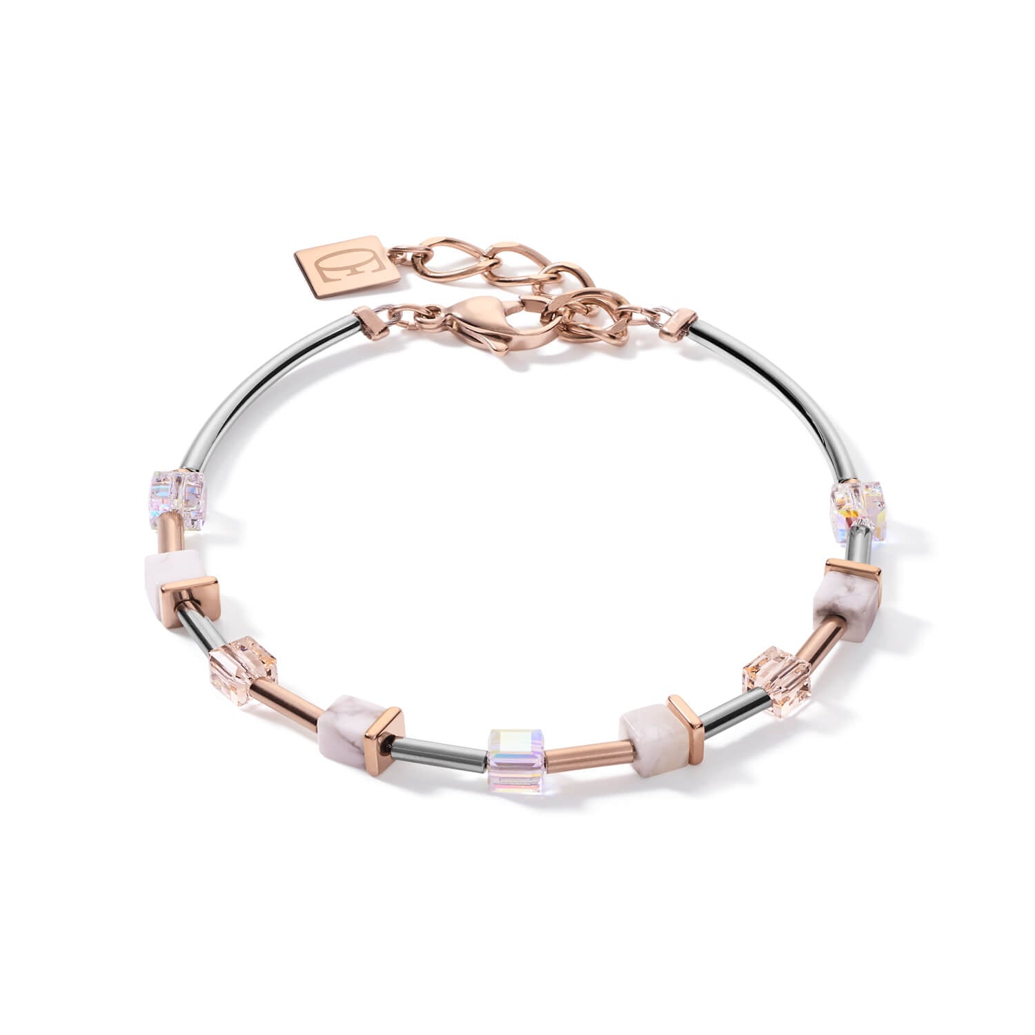 Small Rose Gold -White-Silver Geo Cube With Crystals Pave Bracelet