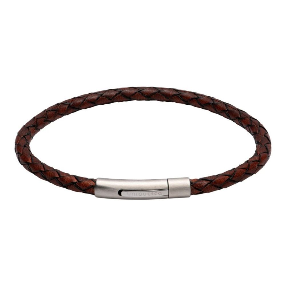 Antique Dark Brown Leather Bracelet BL Edge with Matte/Polished Steel Clasp