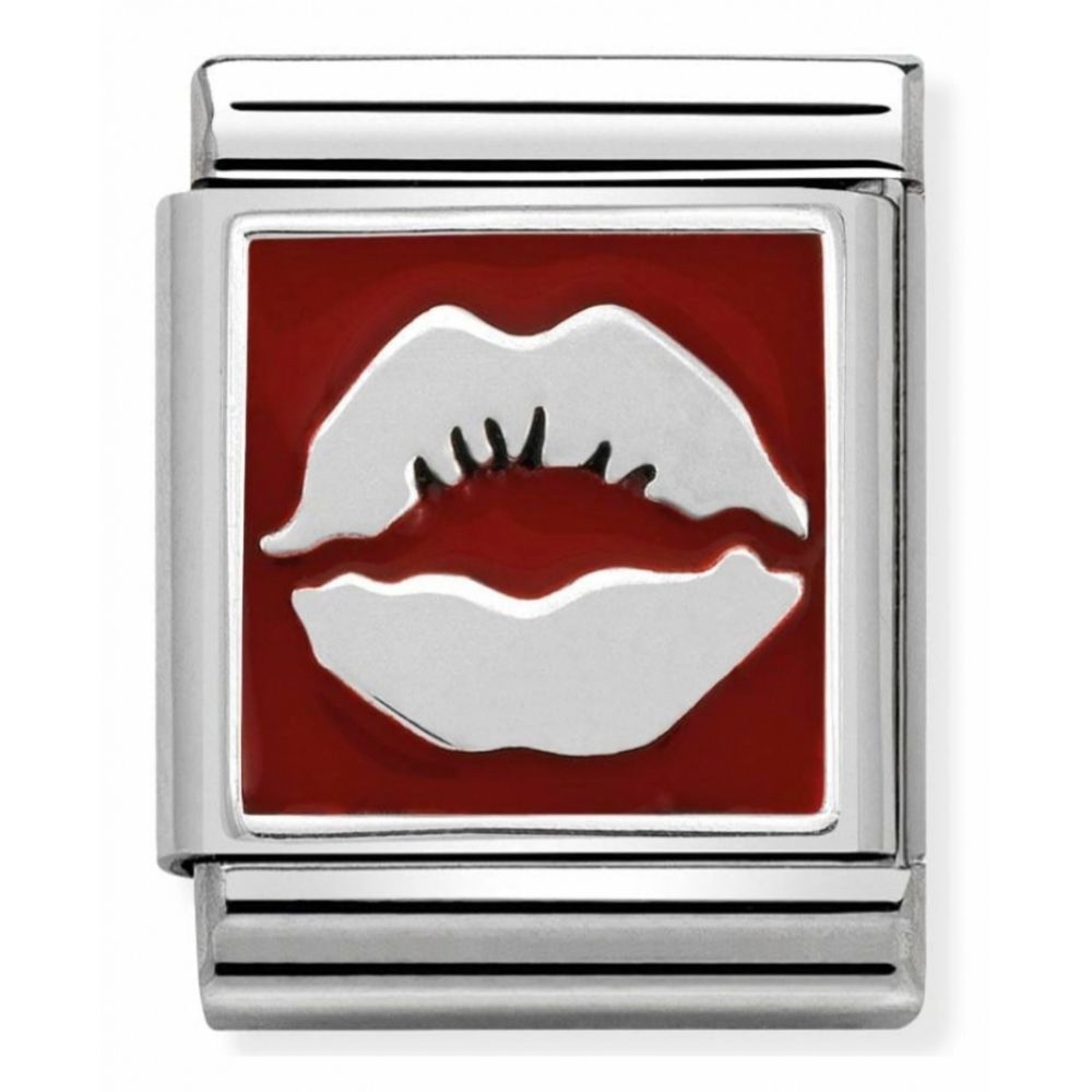 Composable Oxidised Red Kiss Stainless Steel, Enamel And Sterling Silver Big Charm